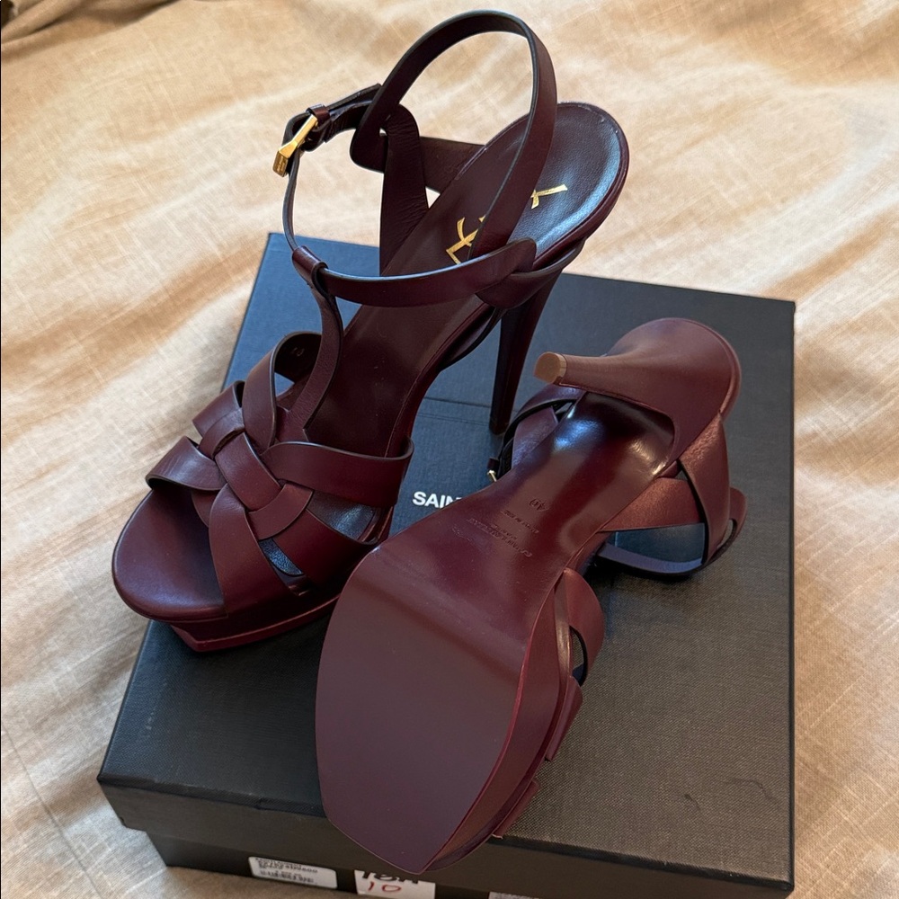 Saint Laurent Burgundy Knotted T-Strap Leather Heels - NWT - Picture 2 of 4